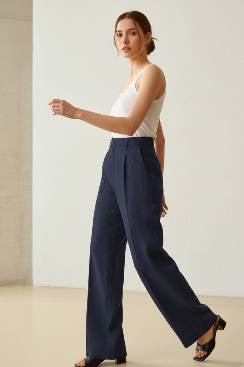 Wide-Leg Navy Linen Trousers