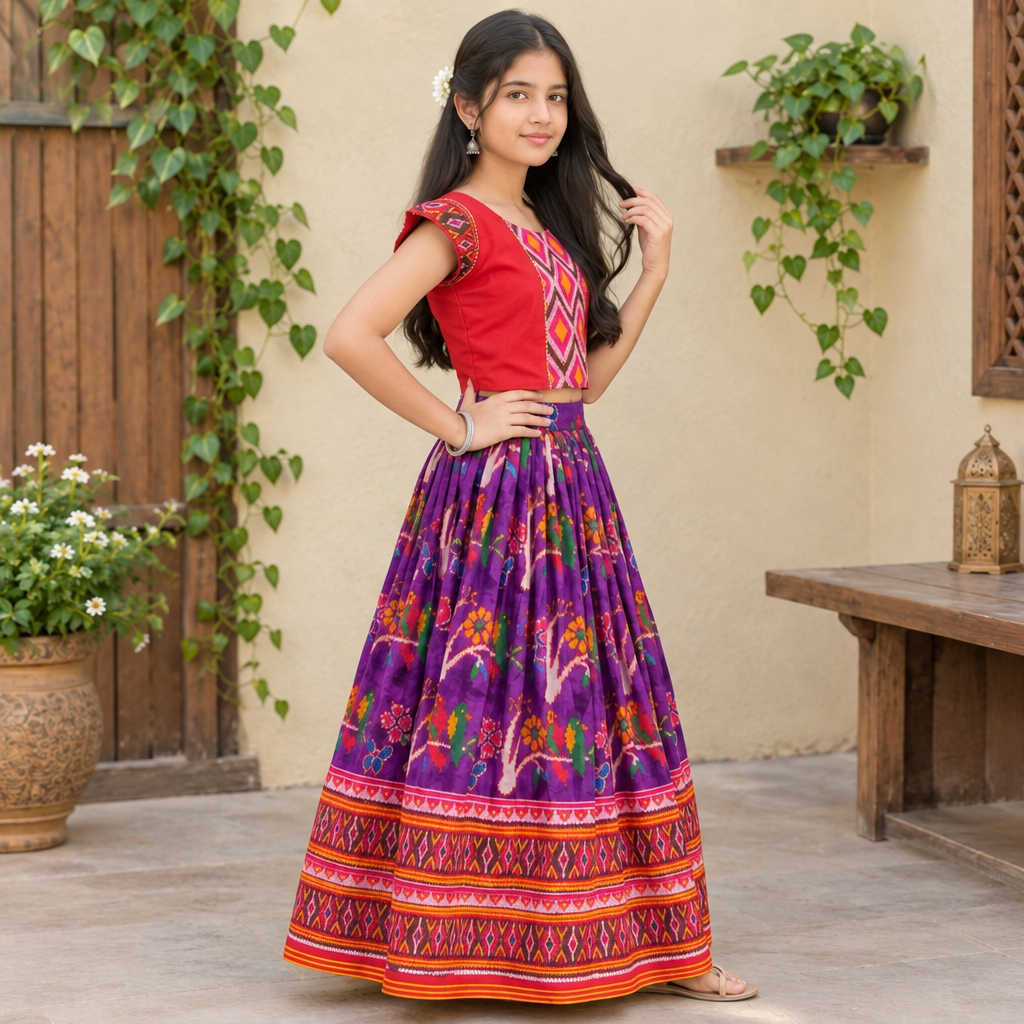 Kids Purple Patola Silk Lehenga and blouse set