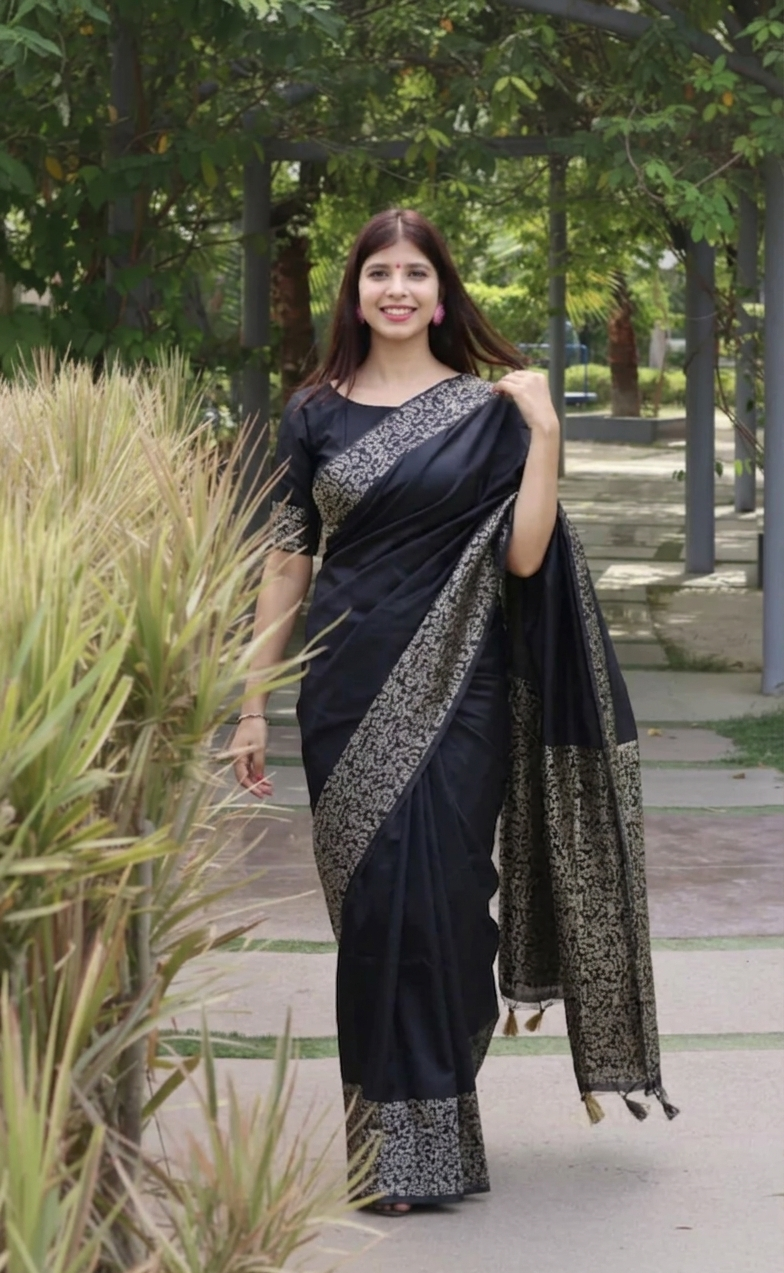 Black Soft Lichi Silk Saree