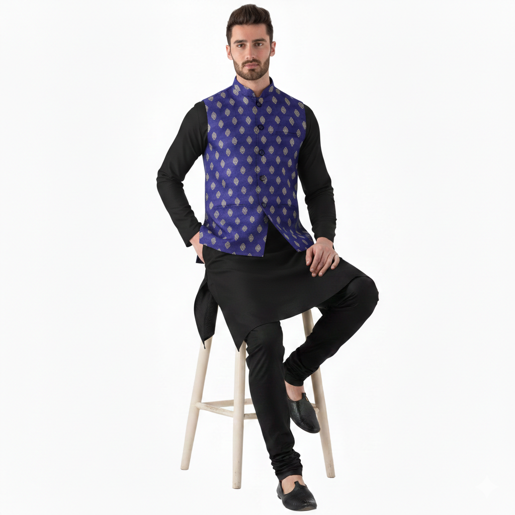 Blue Printed Ethnic Waistcoat for Men