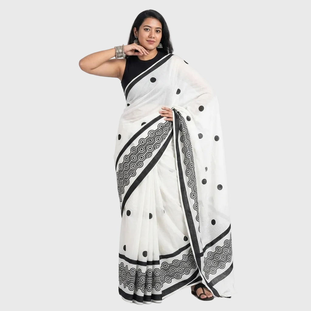 Black &  White Printed Linen Saree
