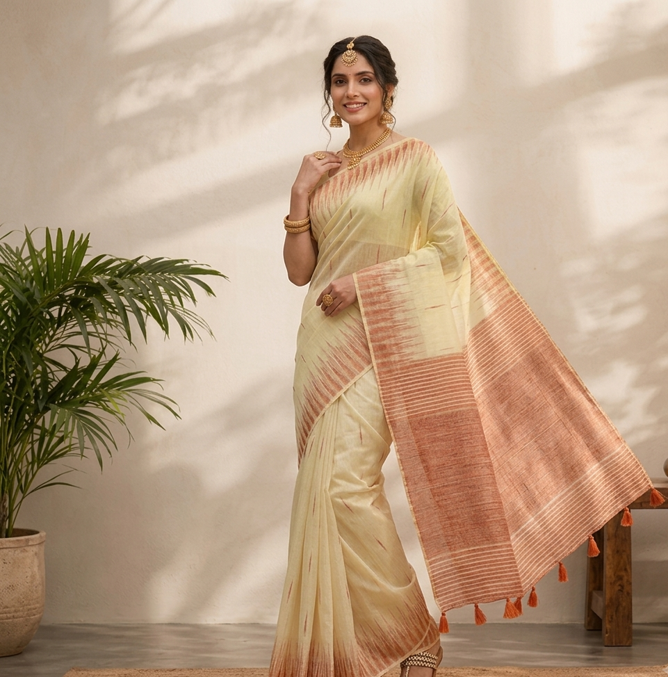 Yellowish-Cream Linen Cotton Saree