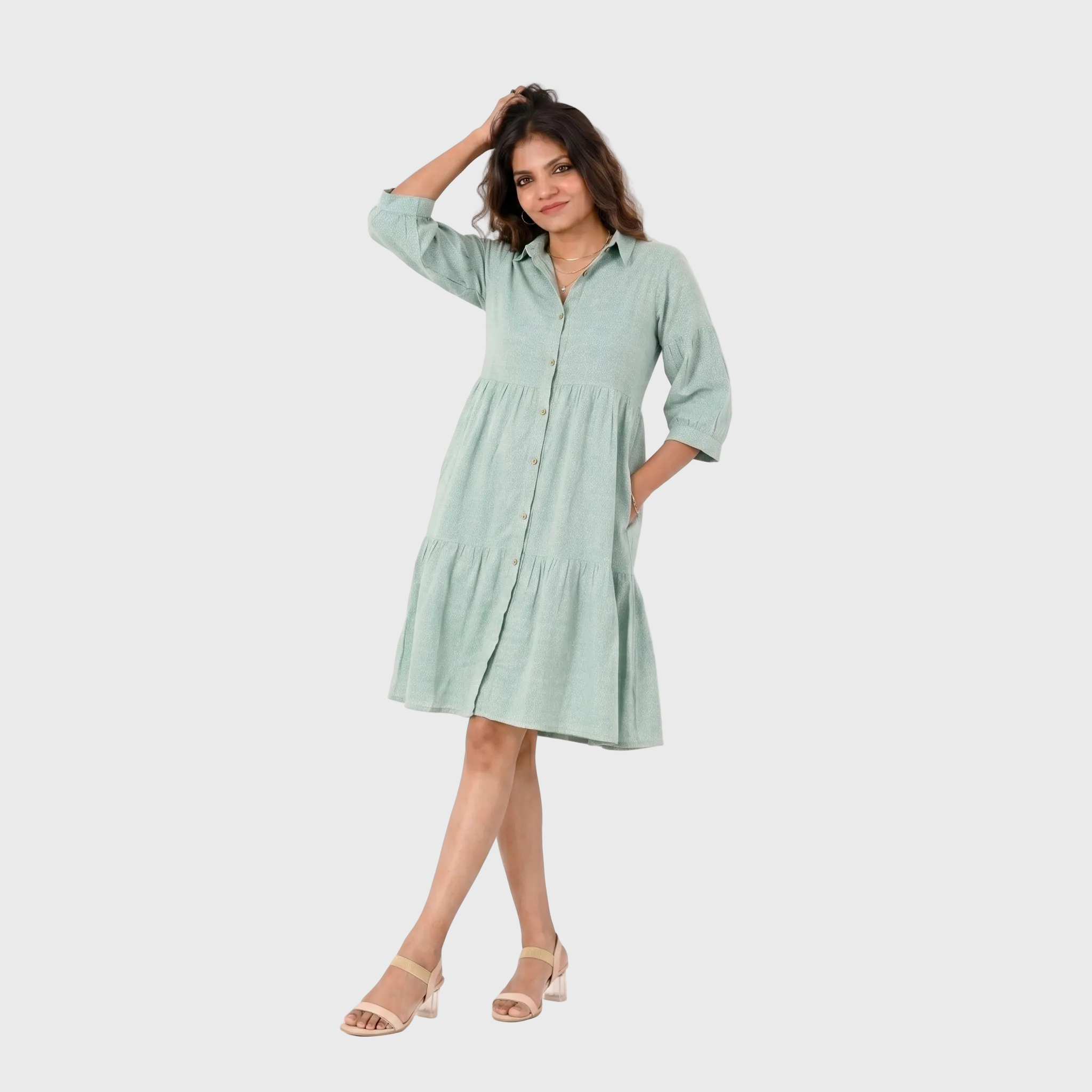 Sea Green Tiered Shirt Dress