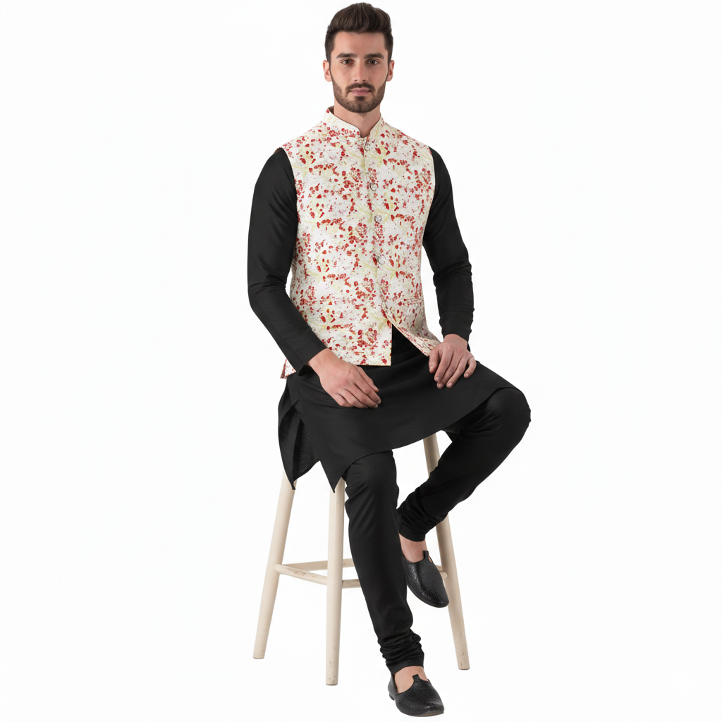 Red-Beige Jacquard Printed Waistcoat