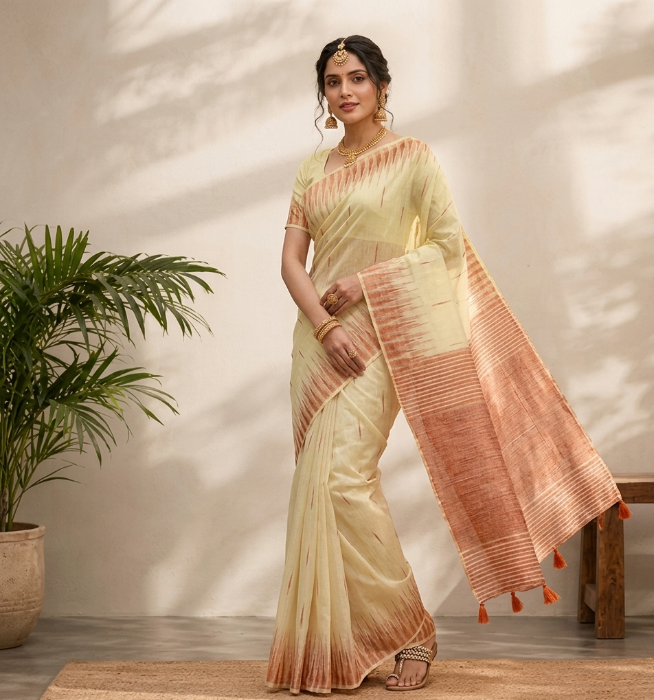 Yellowish-Cream Linen Cotton Saree