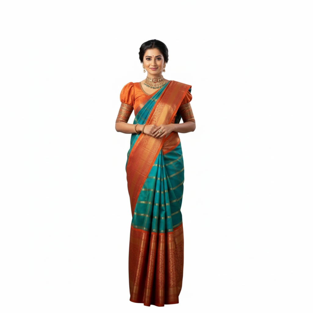 Orange & Teal Silk Saree