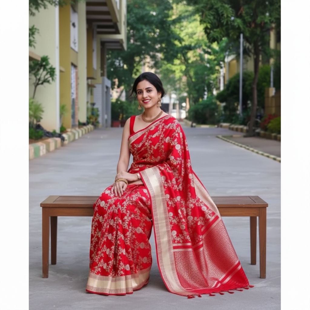 Red Soft Lichi Silk Printed Saree