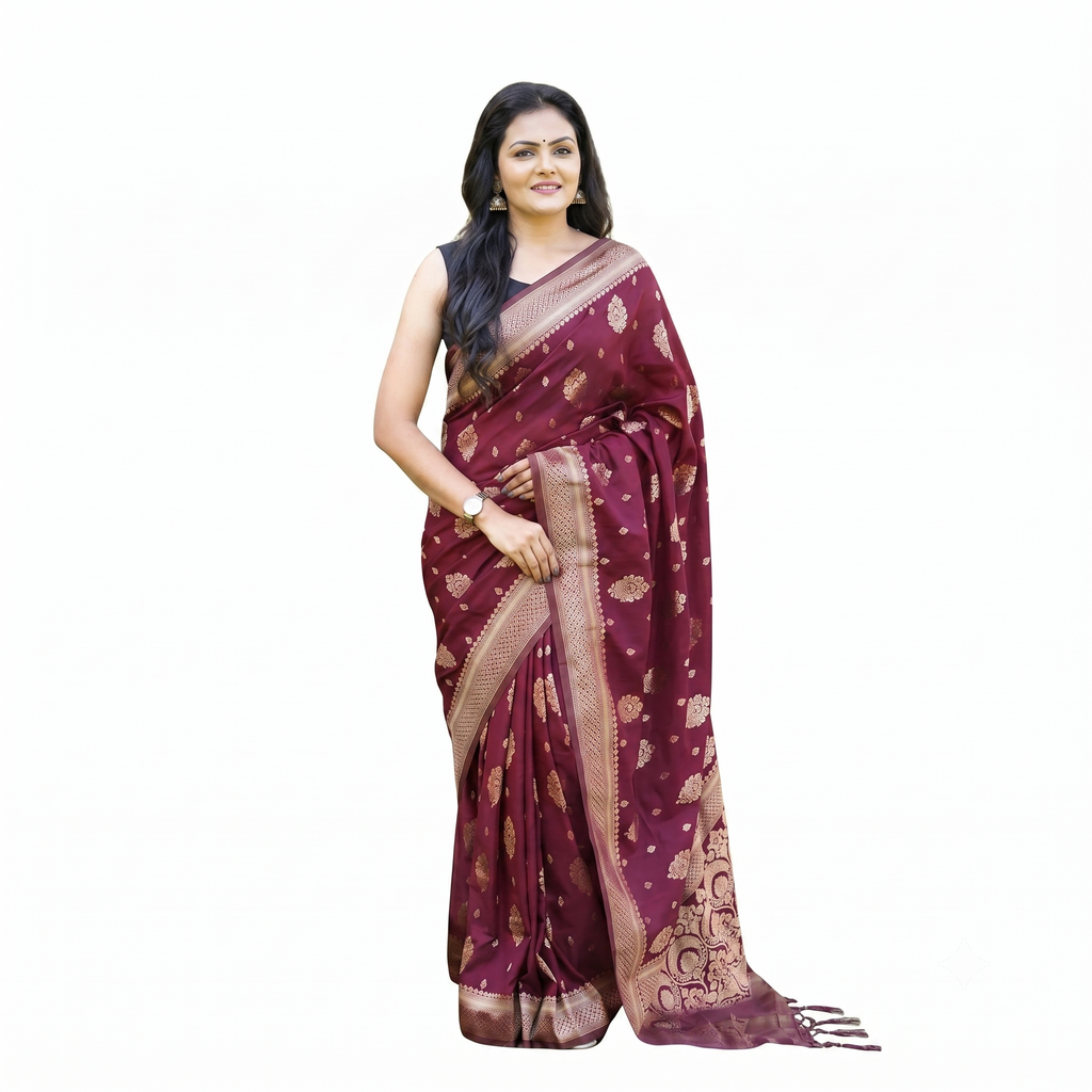 Wine Soft Lichi Silk Printed Saree