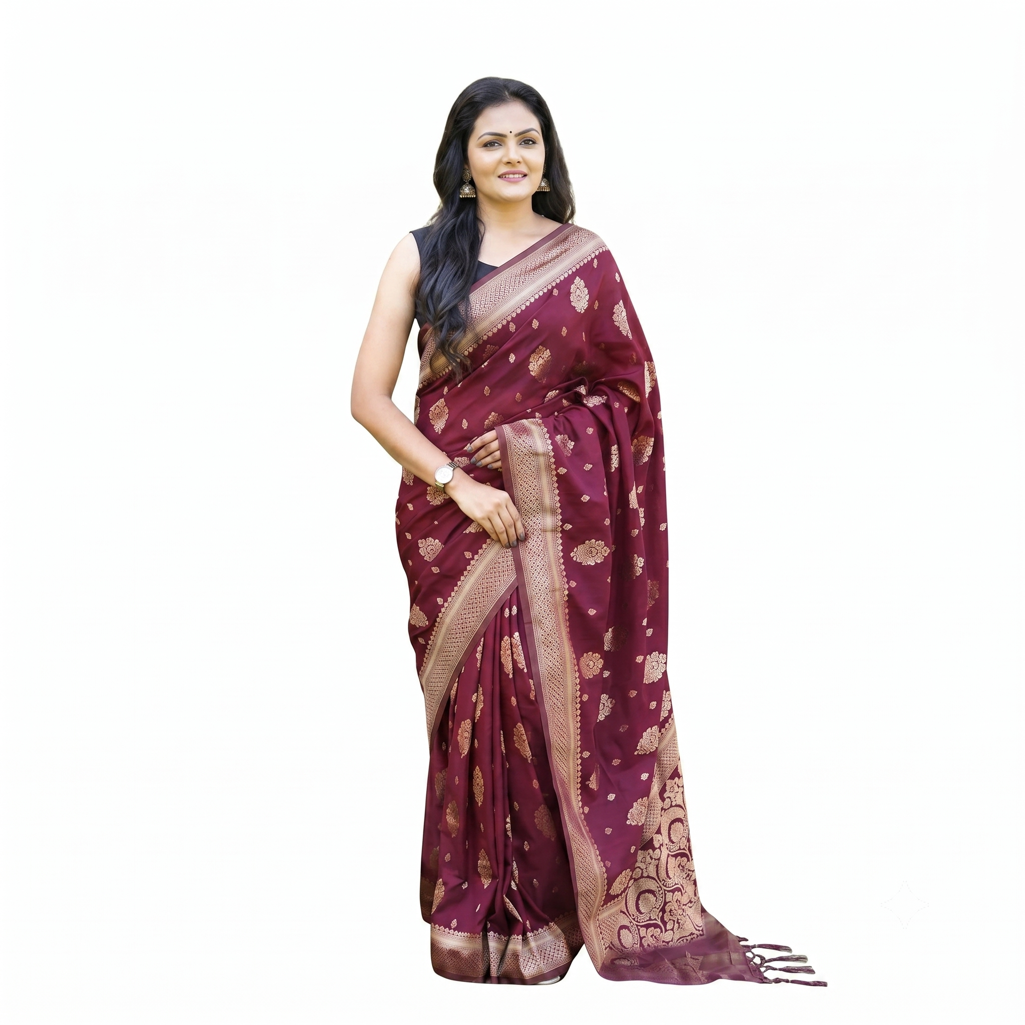 Wine Soft Lichi Silk Printed Saree