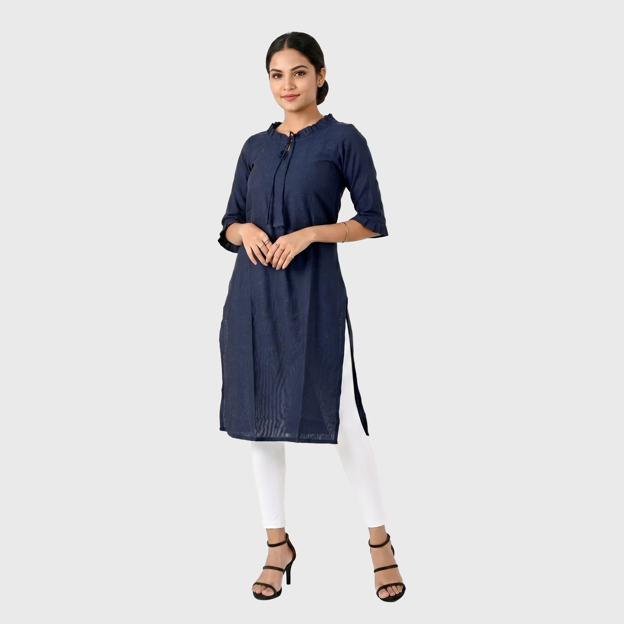 Navy Ruffle-Neck Kurta