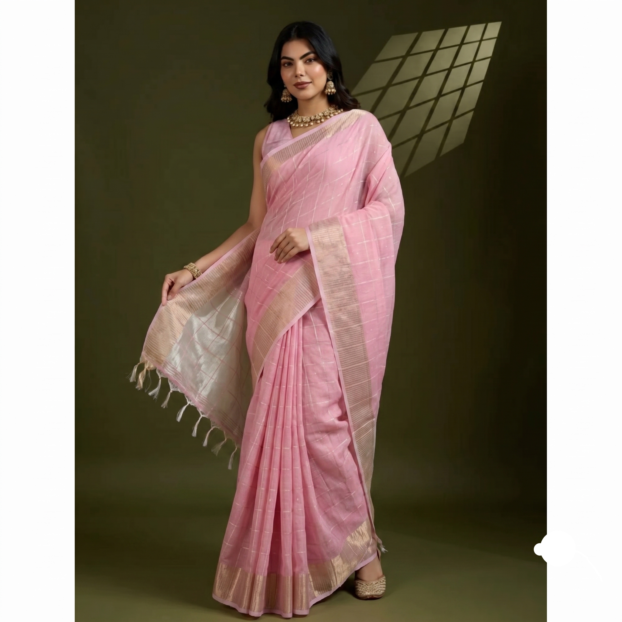 Light Pink Tissue Checks Saree