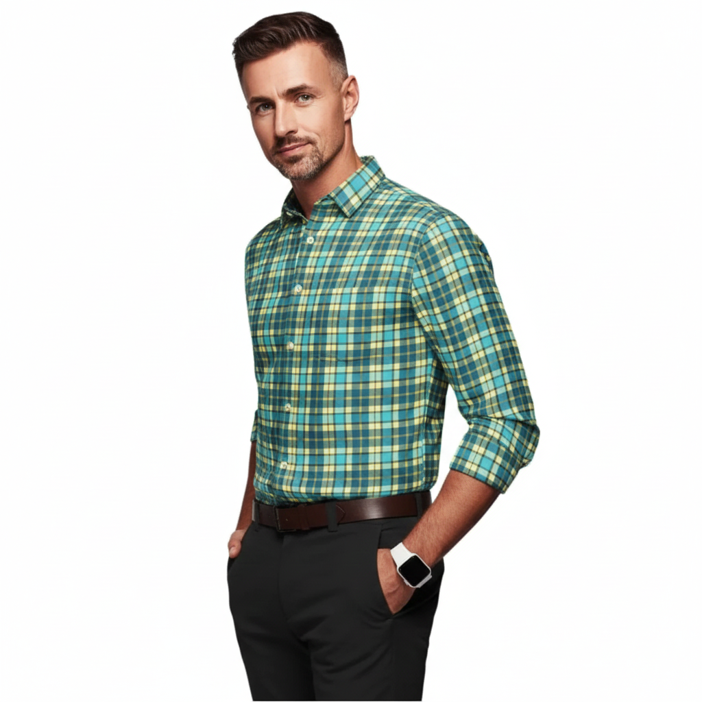 Men’s Teal & Yellow Plaid Shirt