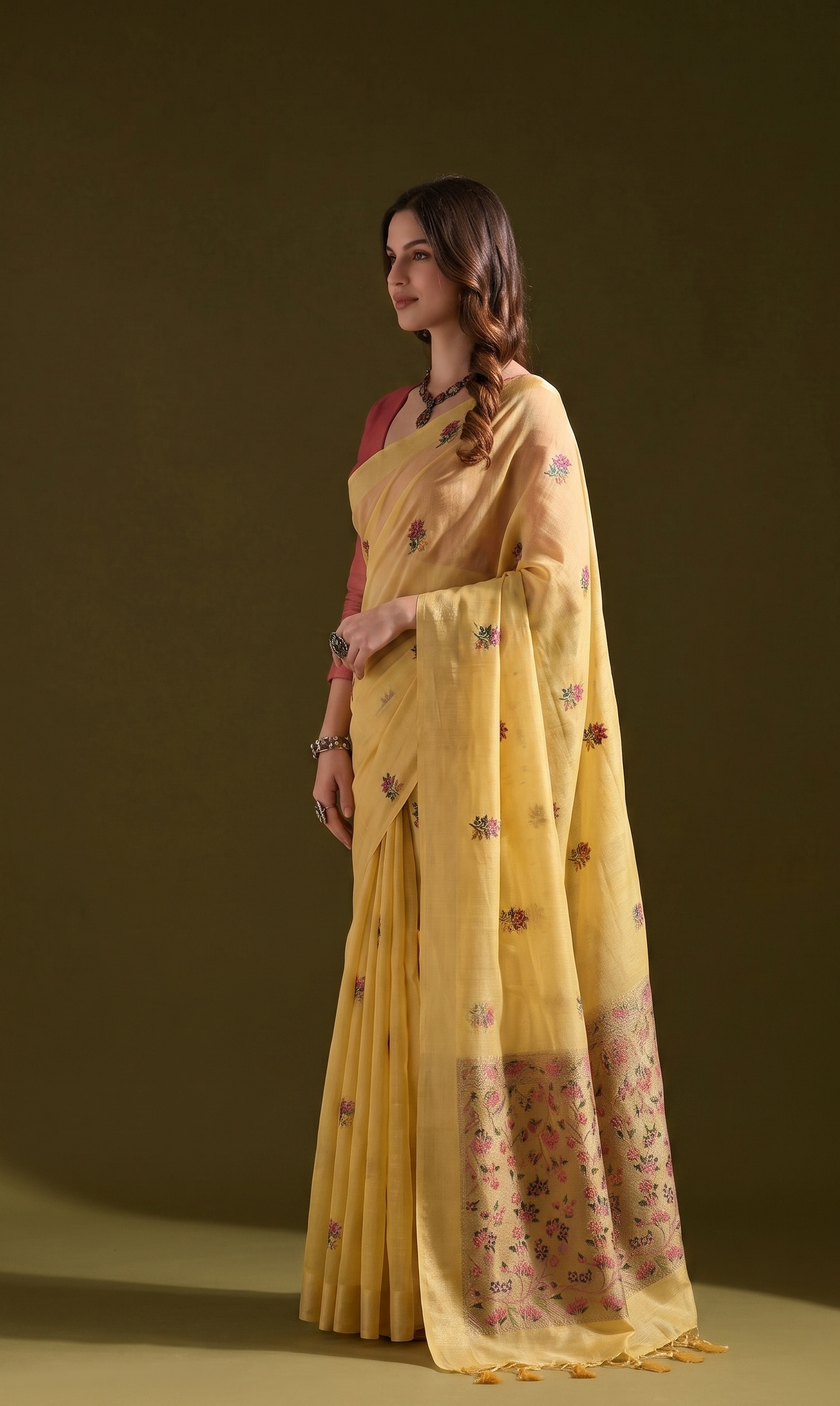 Mustard Yellow Cotton Floral Saree