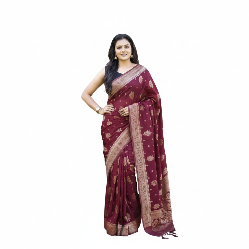Wine Soft Lichi Silk Printed Saree