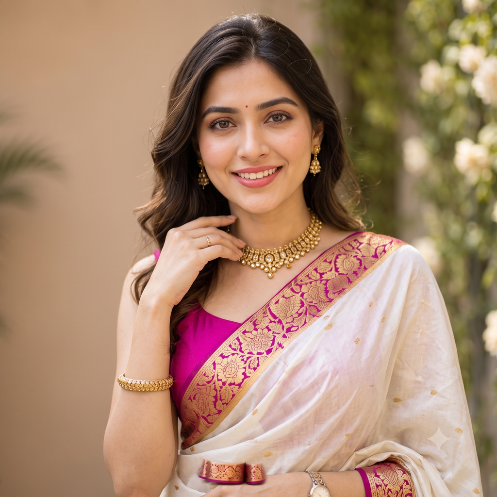 Elegant Off-White & Pink Silk Saree