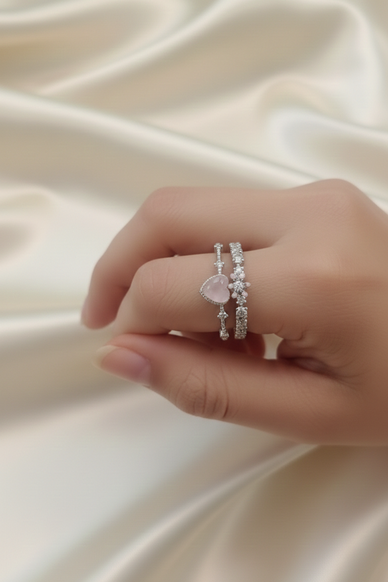 Pink Crystal Heart Silver Ring