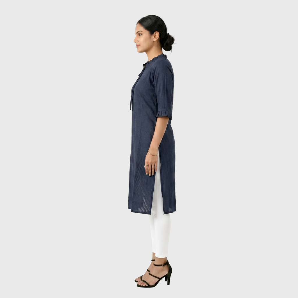 Navy Ruffle-Neck Kurta