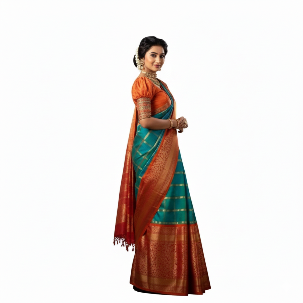 Orange & Teal Silk Saree