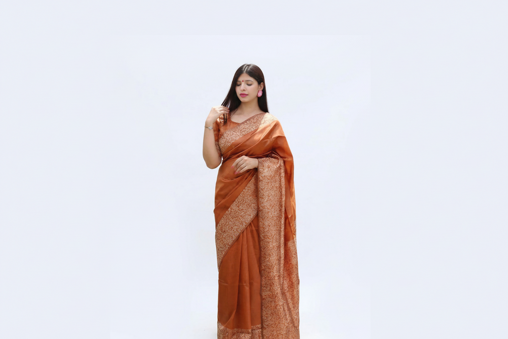Brown Soft Lichi Silk Printed Saree