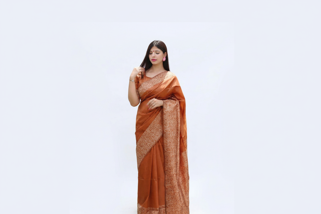 Brown Soft Lichi Silk Printed Saree
