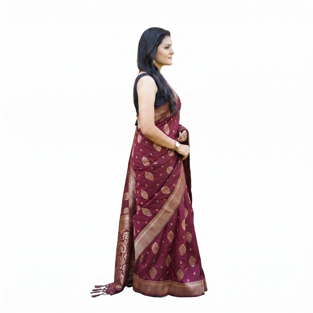 Wine Soft Lichi Silk Printed Saree
