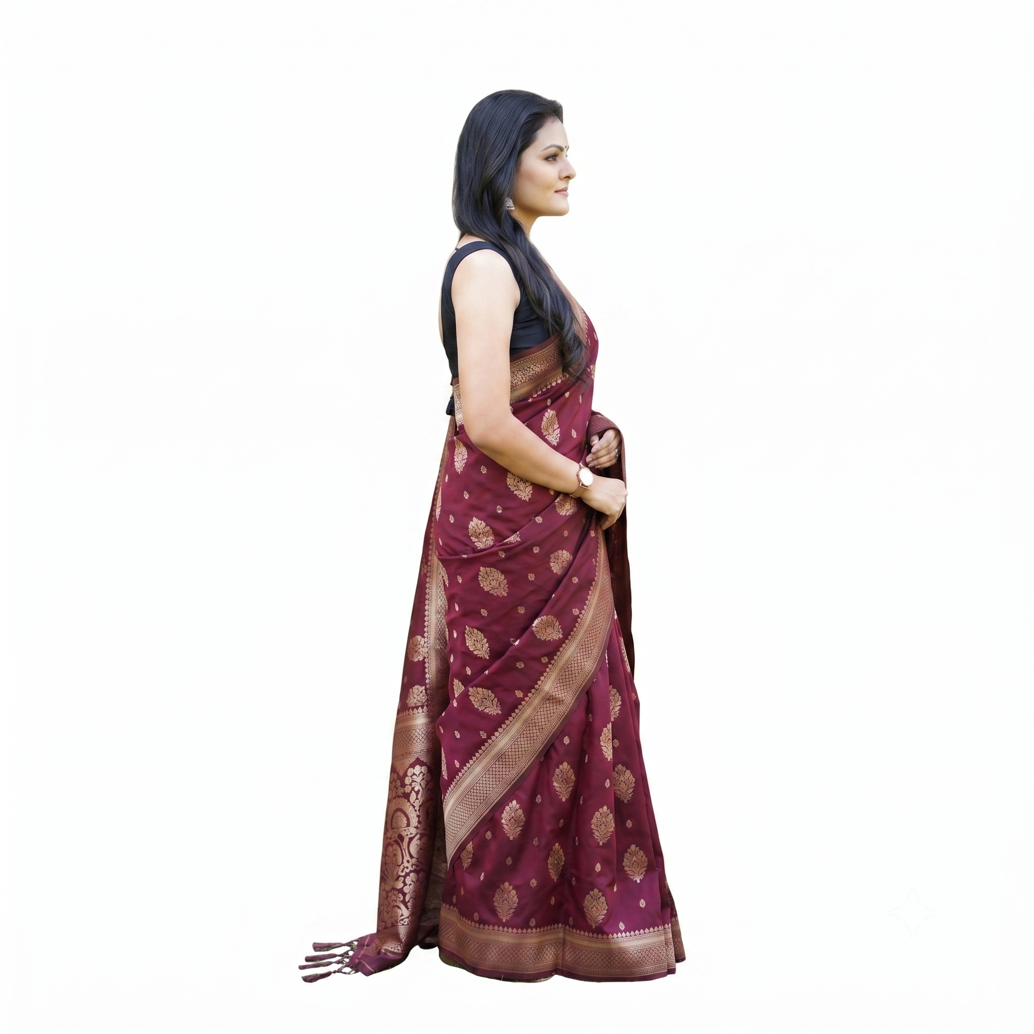 Wine Soft Lichi Silk Printed Saree