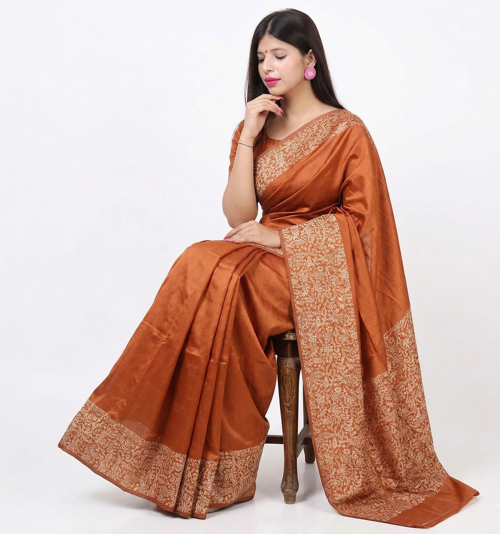 Brown Soft Lichi Silk Printed Saree