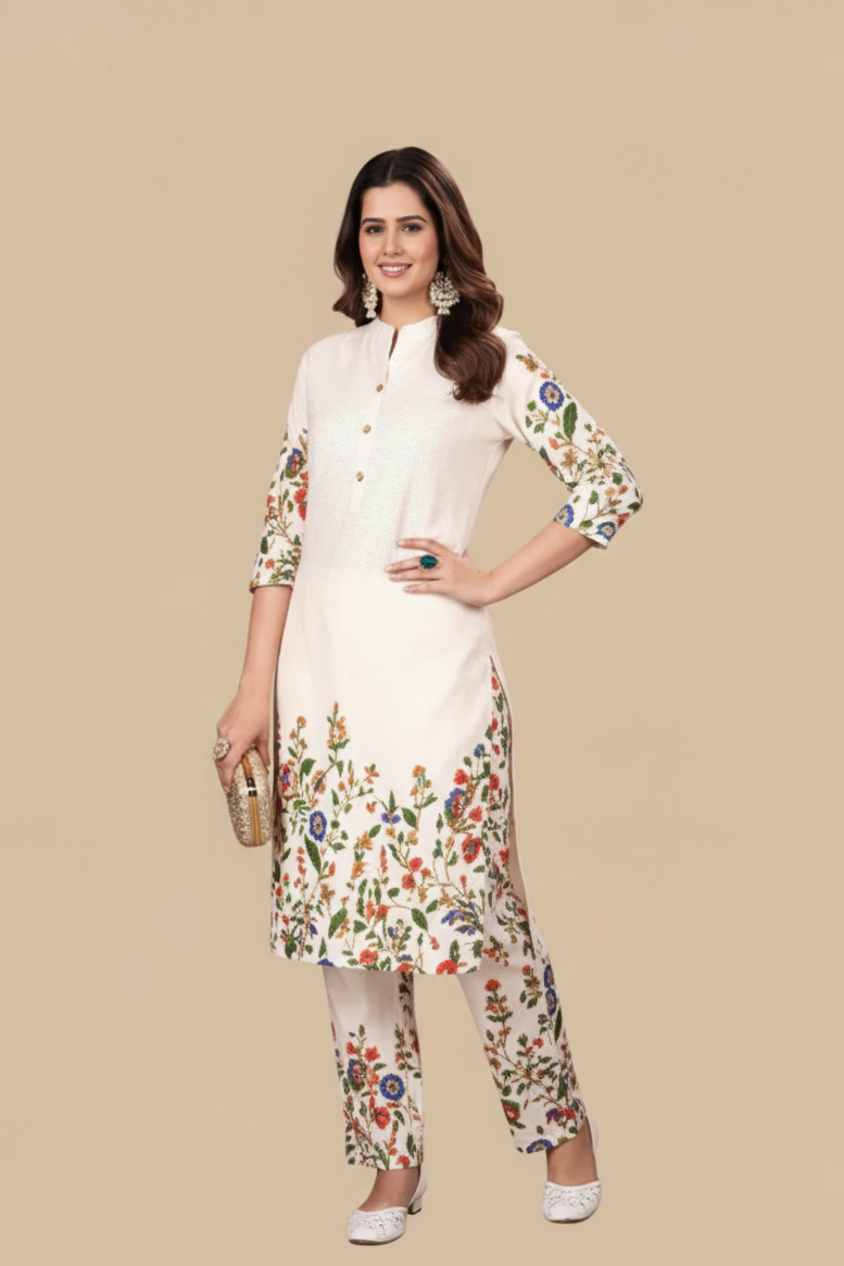Cream Printed Cotton Kurti Set