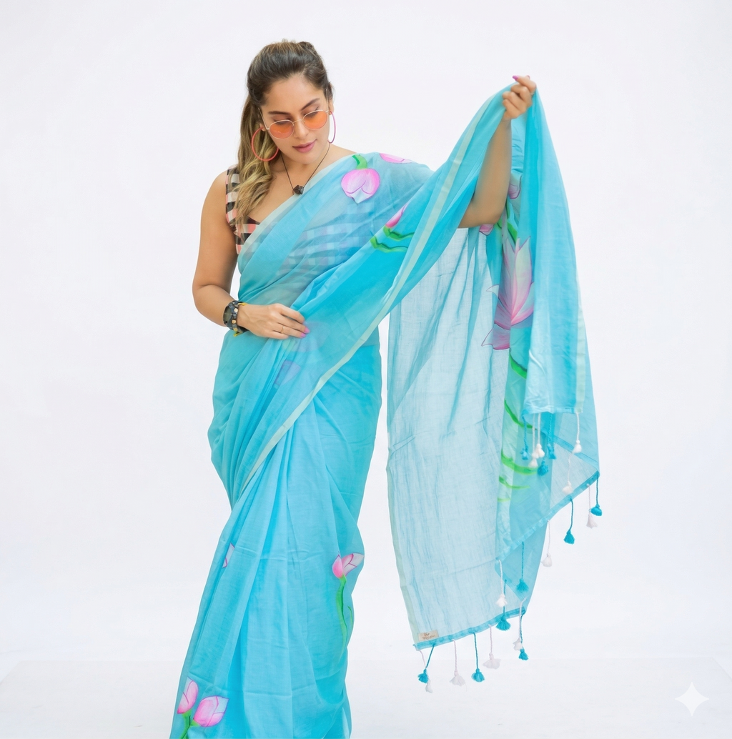 Sky Blue Linen Printed Saree