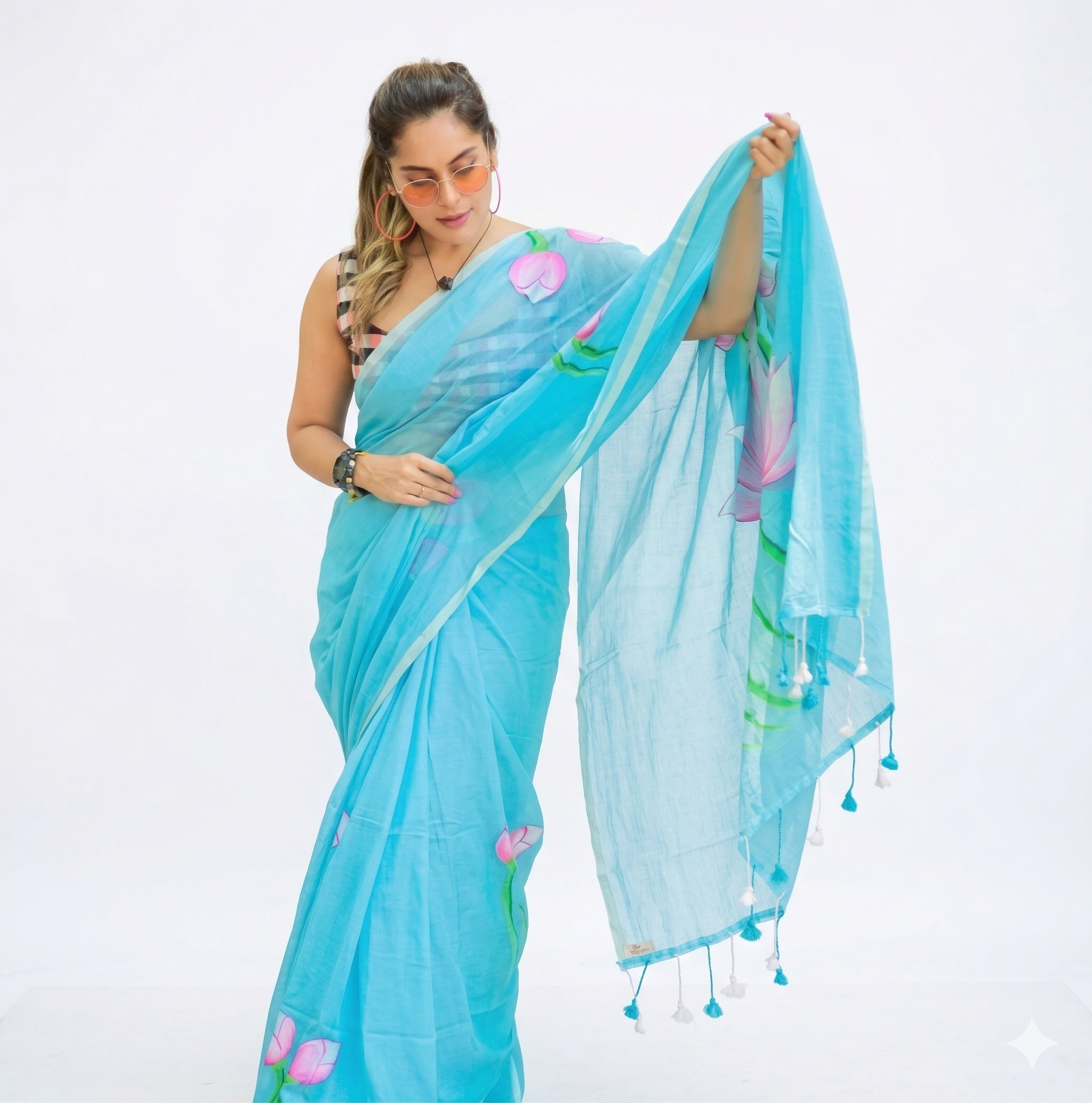Sky Blue Linen Printed Saree