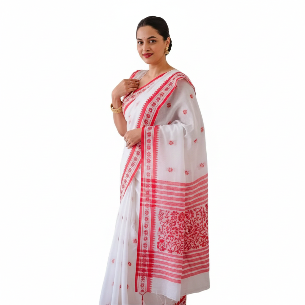 White & Pink Cotton Printed Saree