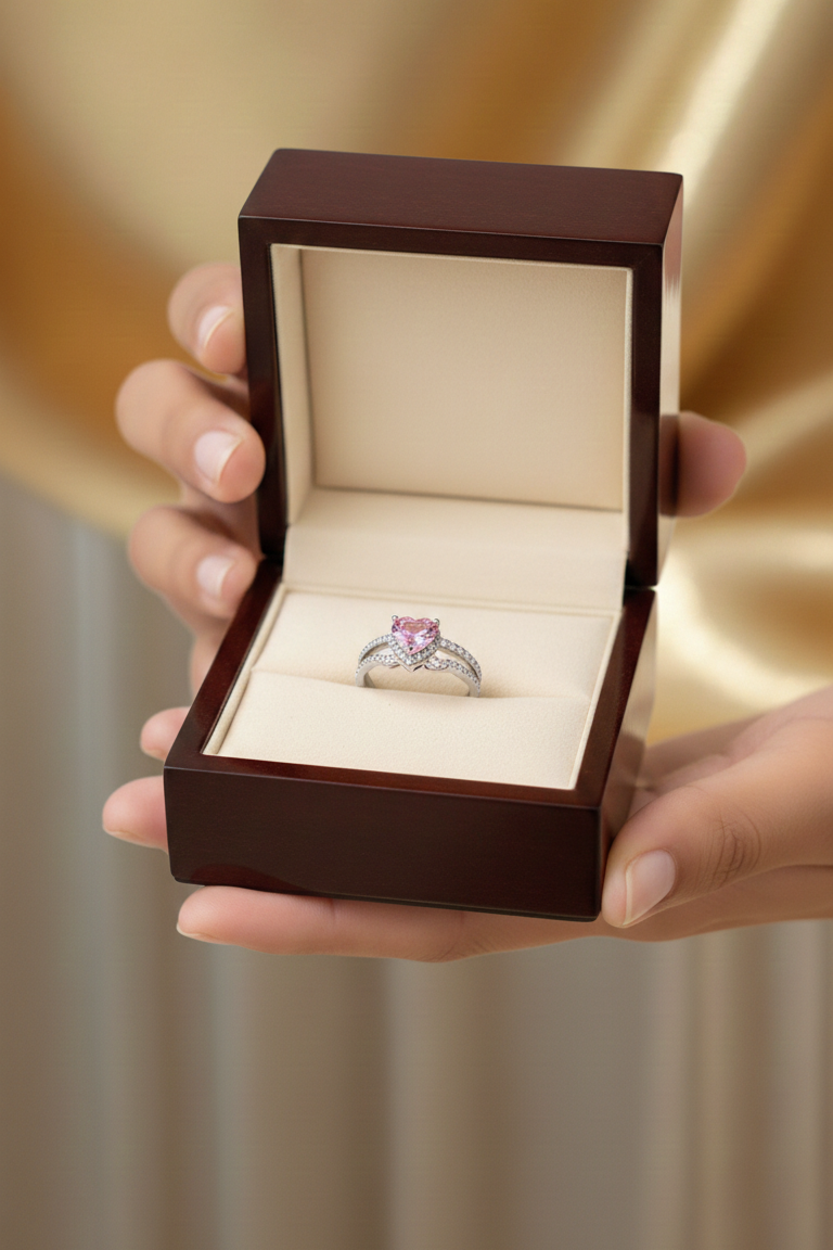 Pink Crystal Heart Silver Ring
