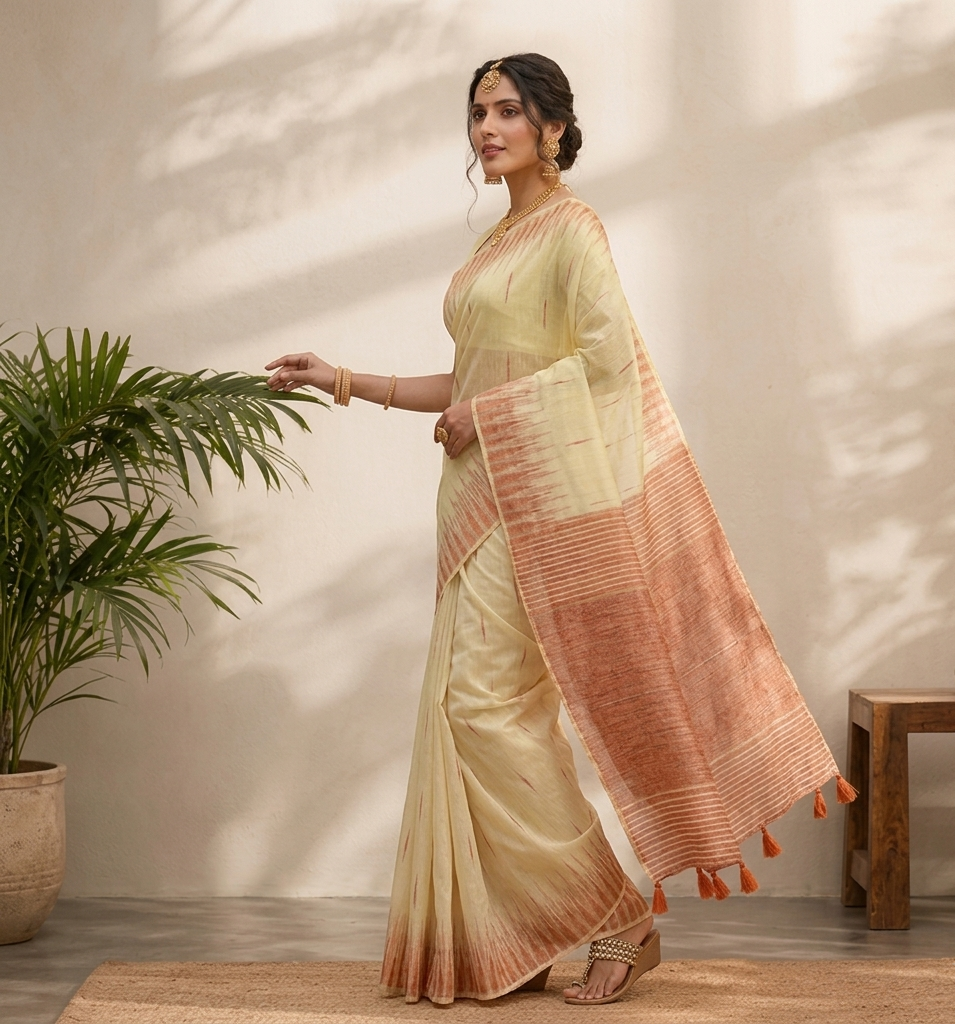 Yellowish-Cream Linen Cotton Saree