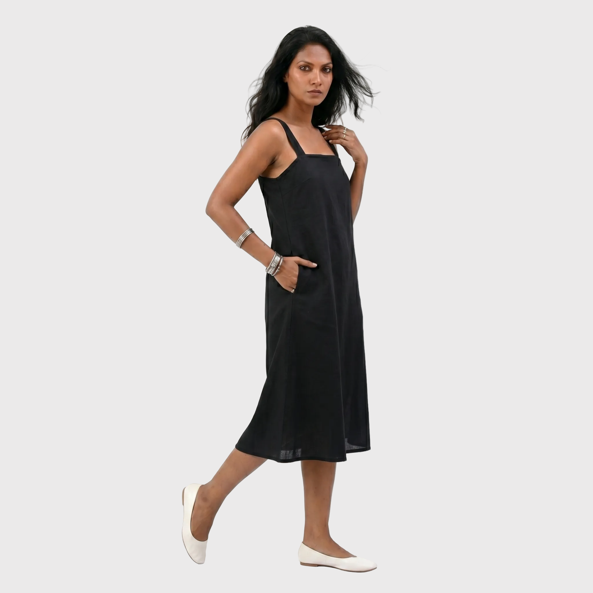 Black Cotton Midi Dress
