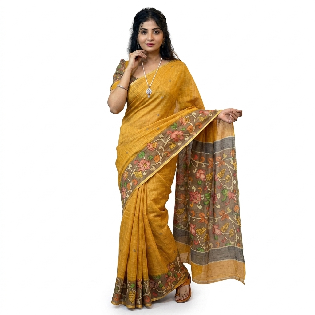 Mustard Yellow Linen Saree
