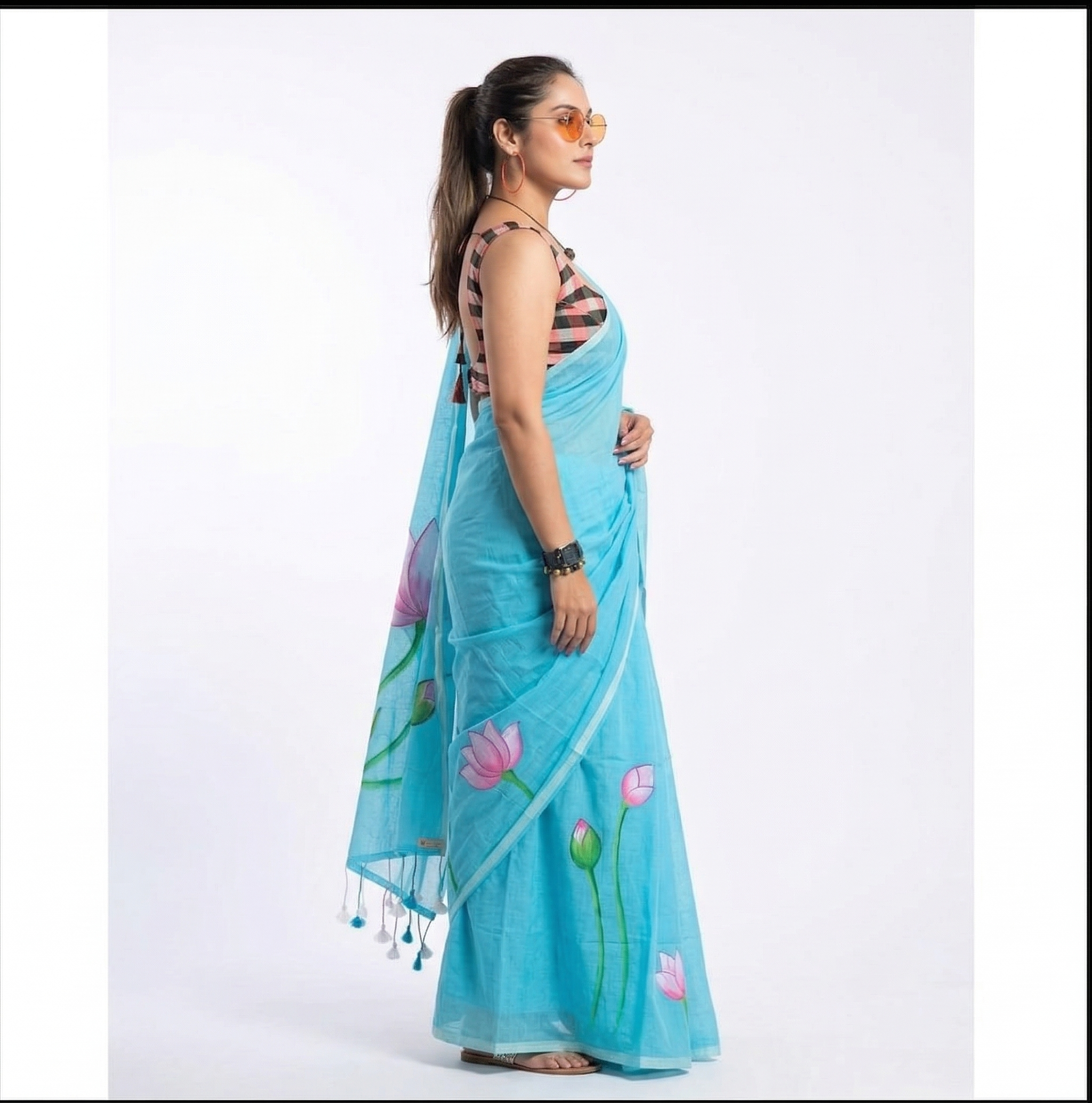 Sky Blue Linen Printed Saree