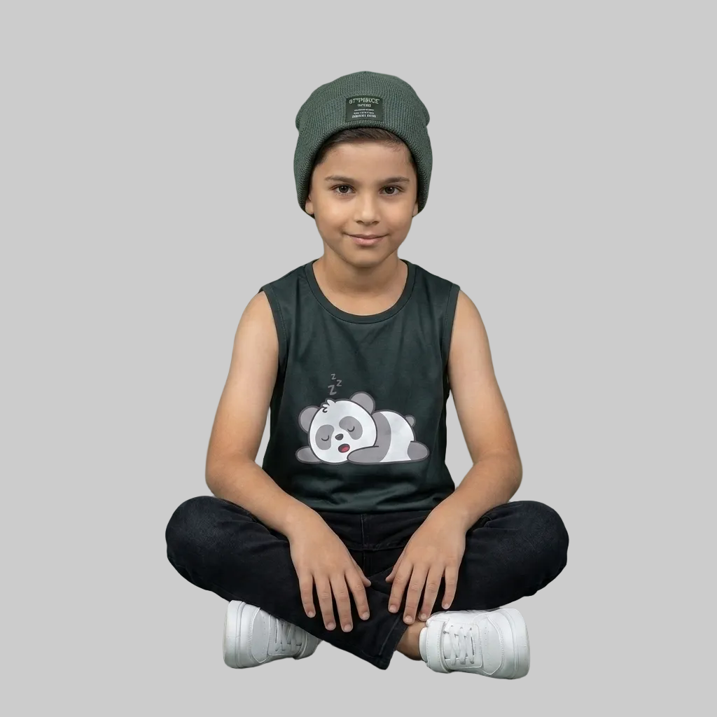 Charcoal Green Panda Sleeveless Tee