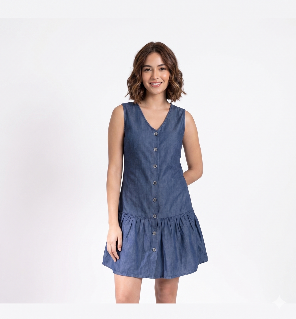 Casual Blue Denim Sleeveless Dress