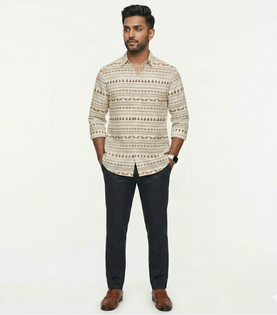 Men’s Festive Reindeer & Fir Print Shirt
