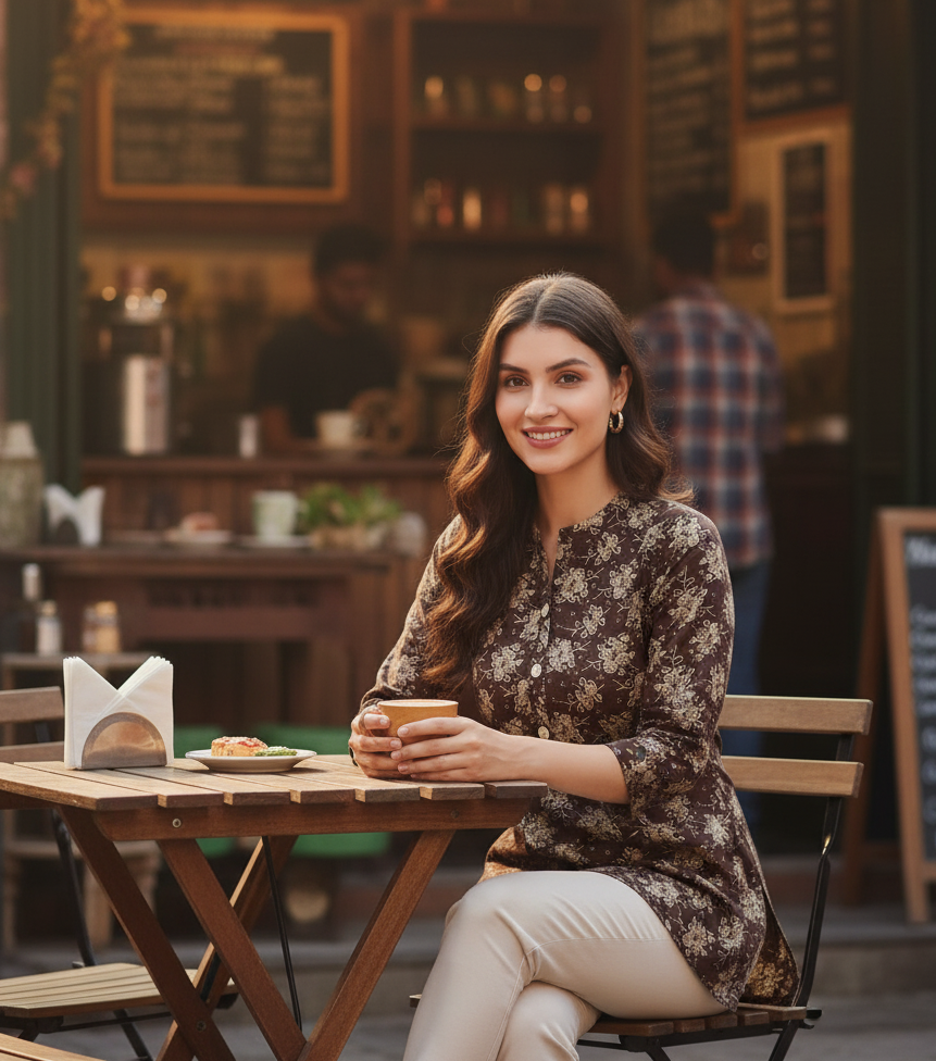 Brown Floral Short Kurta