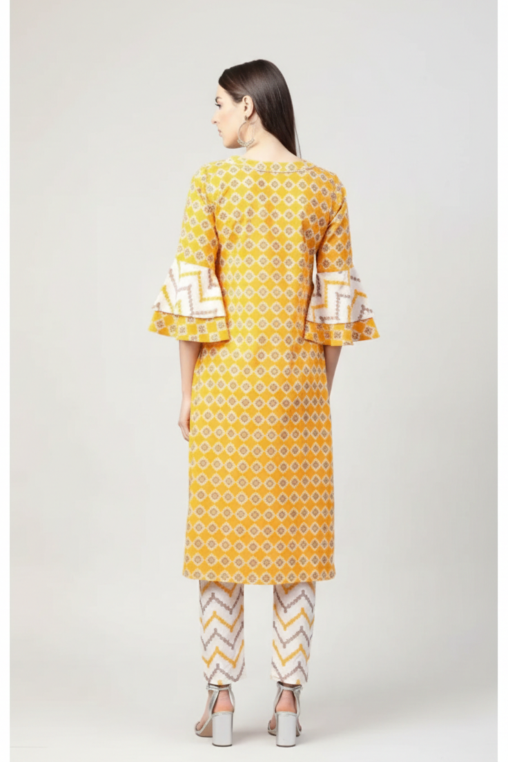 Floral Mustard Cotton Kurti Set
