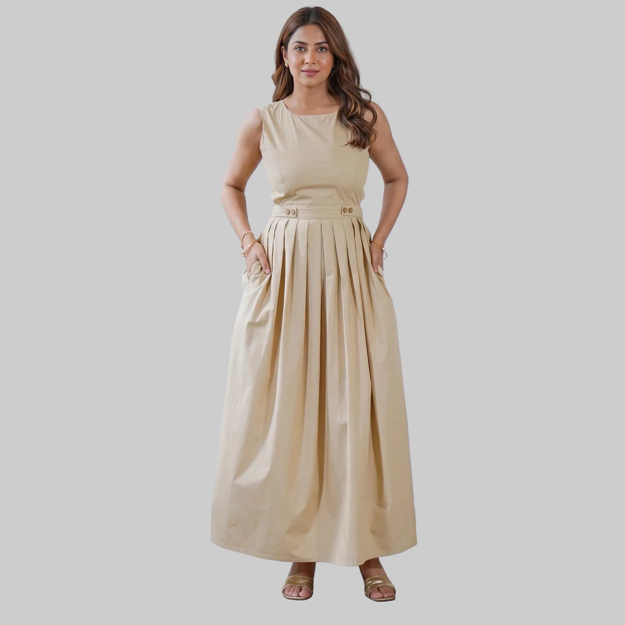 Beige Pleated Maxi Dress