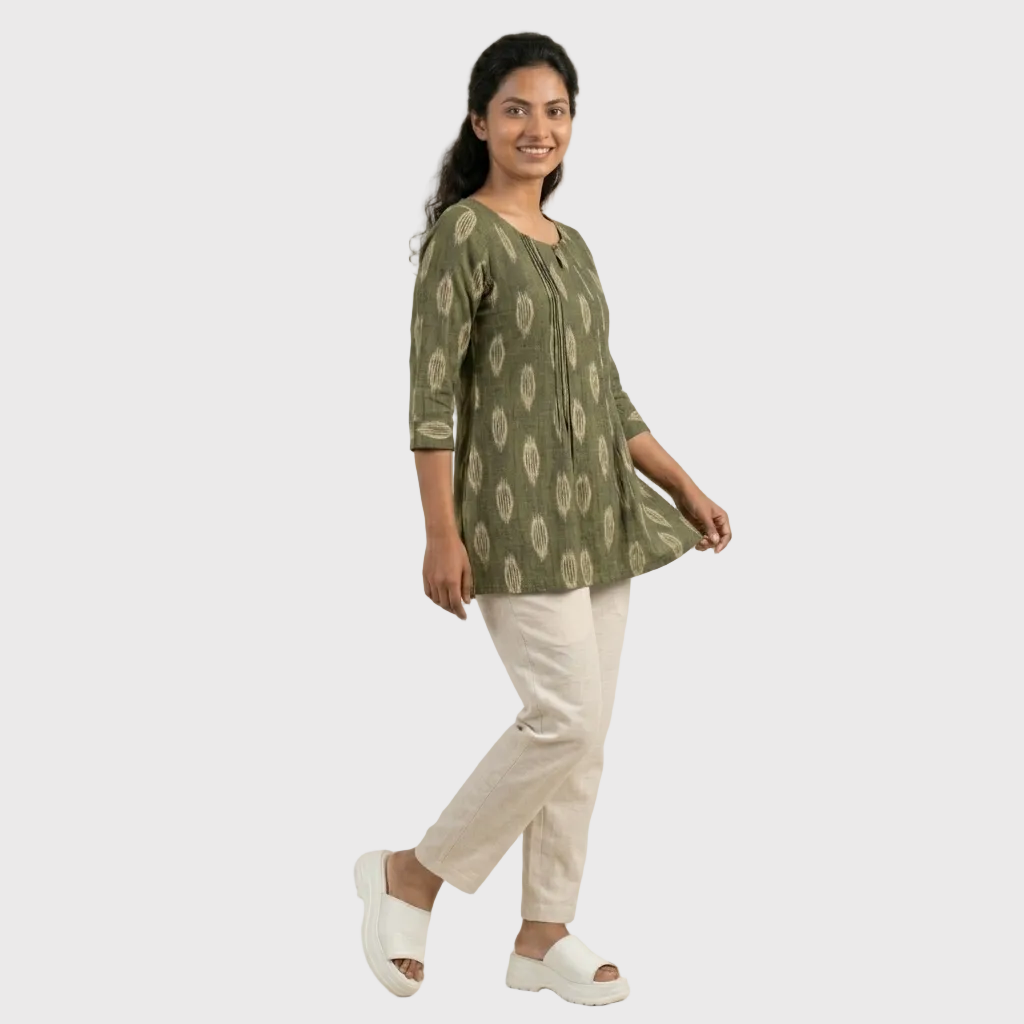 Olive Green Ikat Pleated Tunic