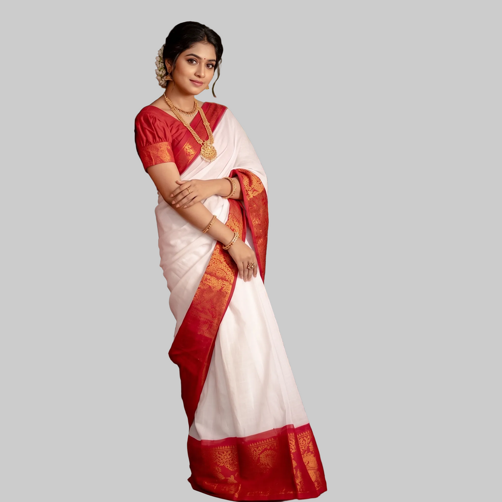 Classic White & Red Silk Saree