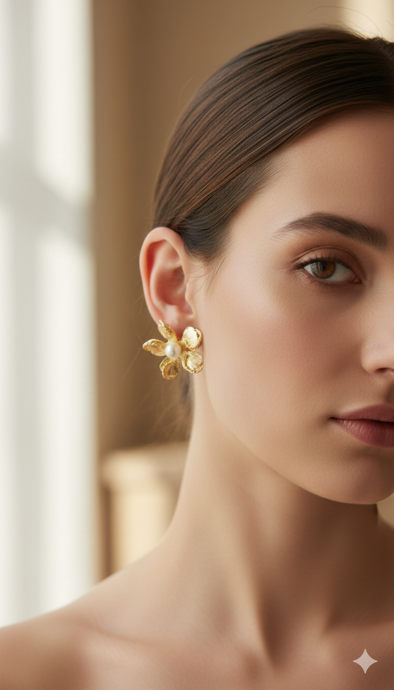 Gold Flower Pearl Stud Earrings