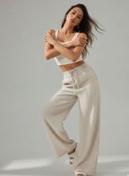 Beige Wide-Leg Linen Blend Pants