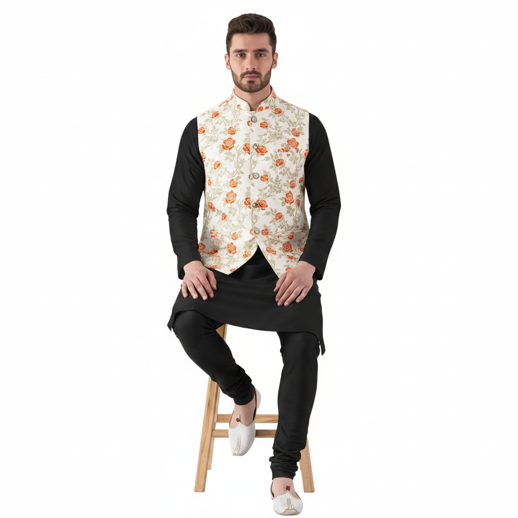 Orange-Beige Jacquard Waistcoat