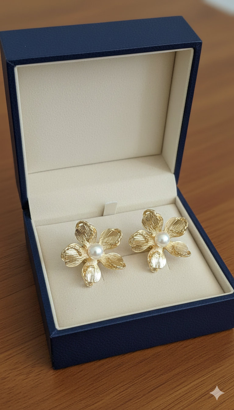 Gold Flower Pearl Stud Earrings