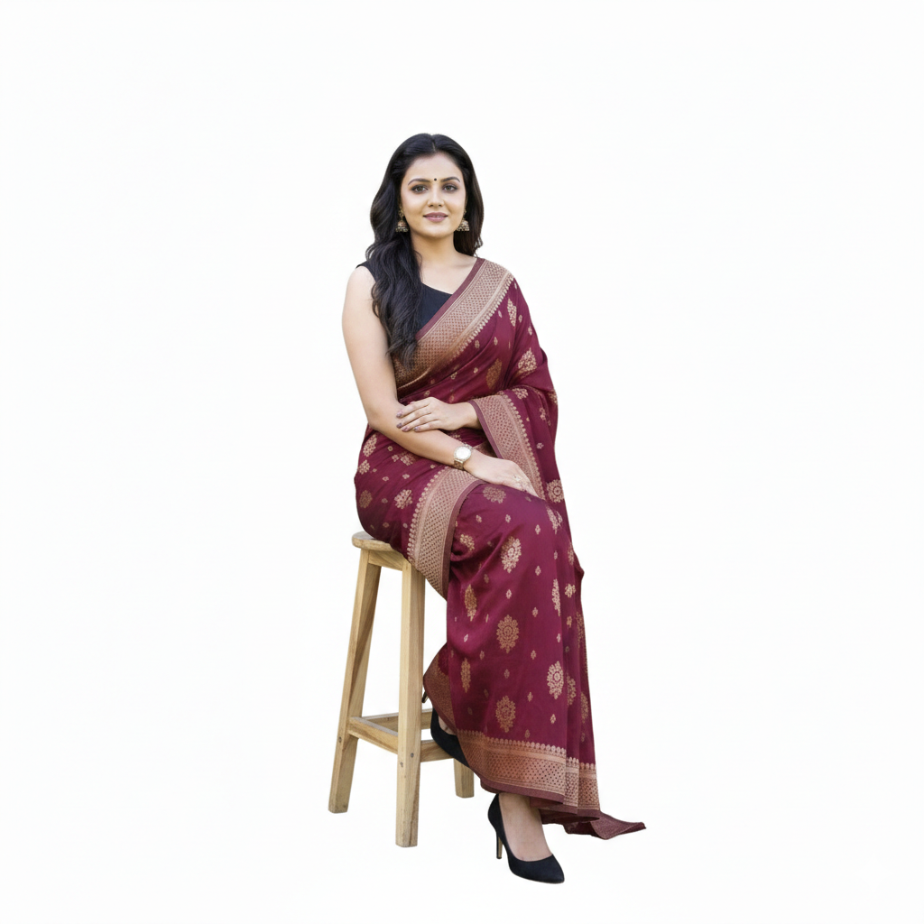 Wine Soft Lichi Silk Printed Saree