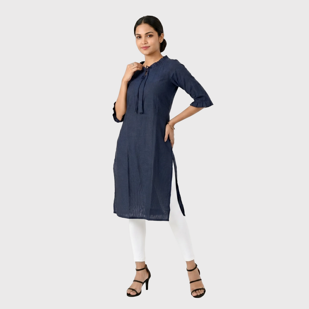 Navy Ruffle-Neck Kurta